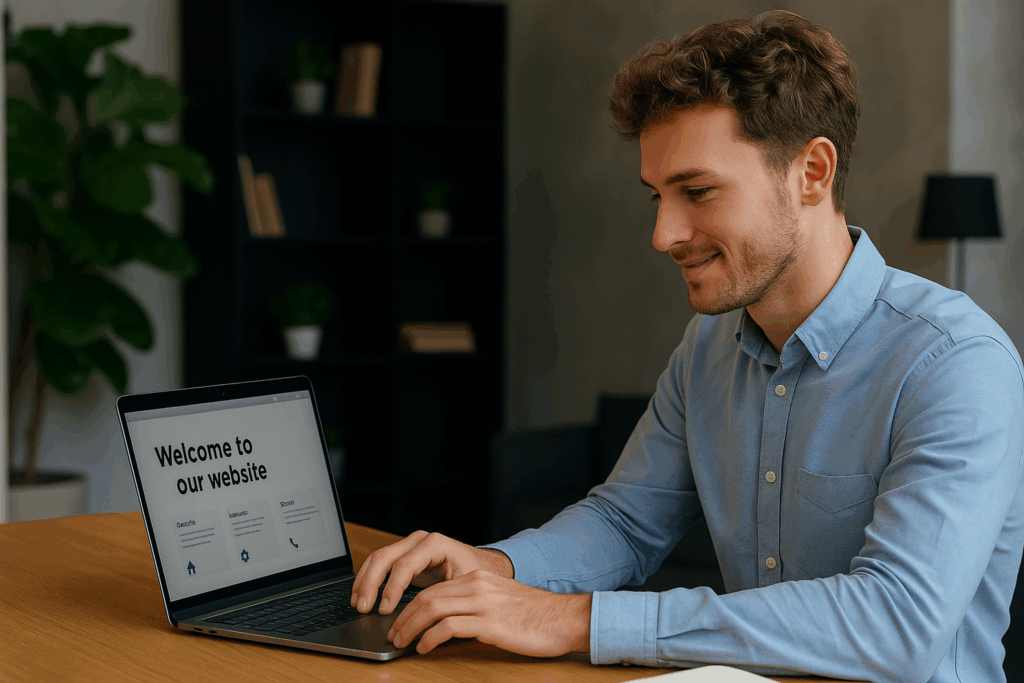 Entrepreneur working on a professional website for a small business on a laptop in a modern office